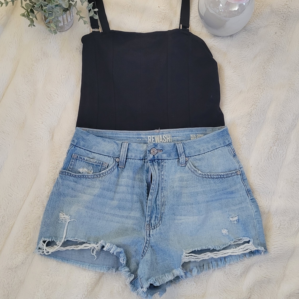 NWT H&M Ribbed Black Bodysuit & Sz 11 Rewash Distressed Denim Shorts